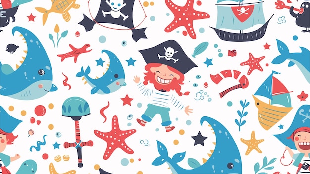 Pirate Seamless Pattern in Cartoon Flat Style