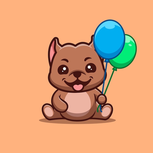 Pitbull Sitting Hold Balloon Cute Creative Kawaii Cartoon Mascot Logo