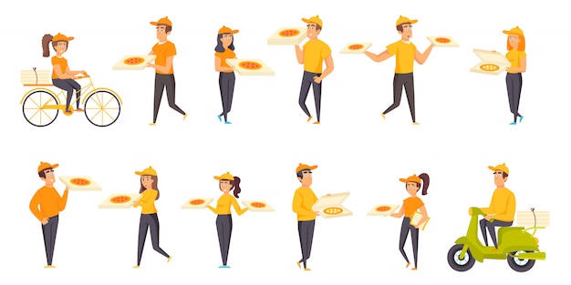 Pizza delivery people character flat set