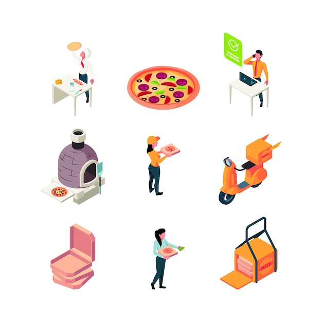 Pizza logistic Food production and delivery service garish vector isometric pictures of pizza cooking