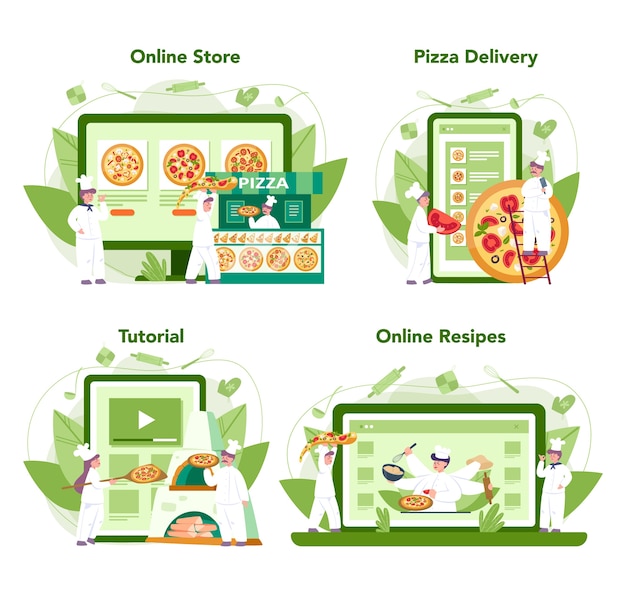 Vector pizzeria online service or platform set. chef cooking tasty delicious pizza. italian food. online shop, delivery, recipe or video tutorial. isolated vector illustration in cartoon style