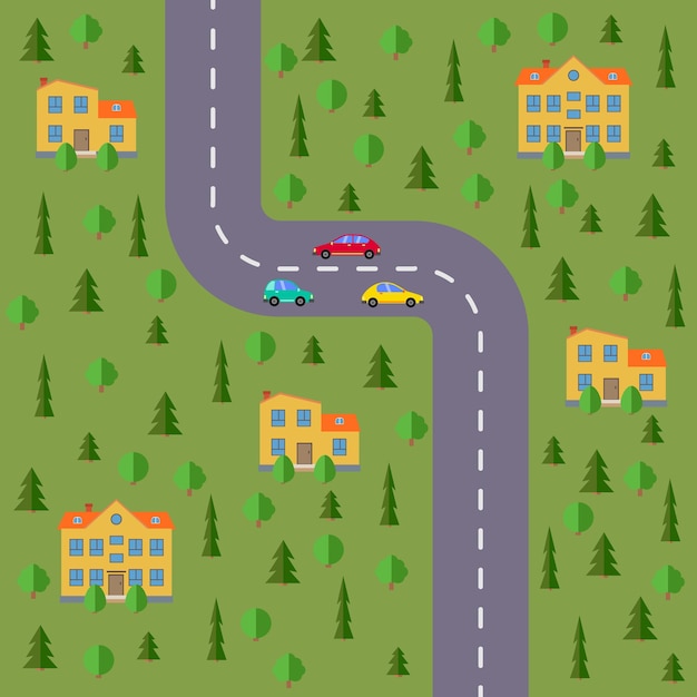 Vector plan of village. landscape with the road, forest, cars and houses.  vector illustration