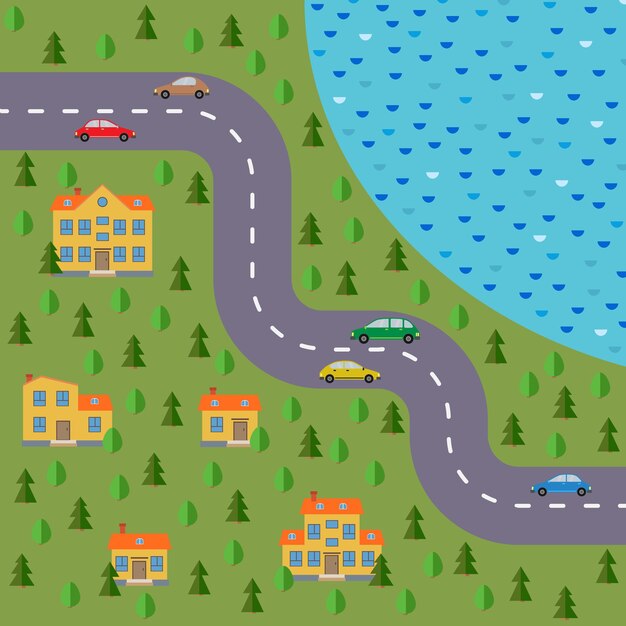 Vector plan of village. landscape with the road, forest, lake, cars and houses.  vector illustration