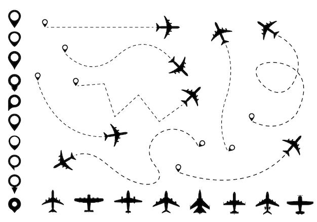 Plane dotted path and map pin collection Big option of different map pins and airplanes Vector