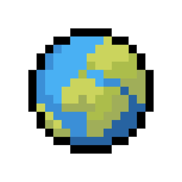 Planet Earth 8 bit pixel art icon isolated on white background Old school vintage retro 80s 90s slot machine video game graphics