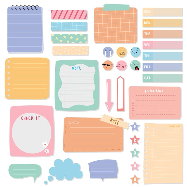 Vector planner with cute illustration sticker scrapbook and memo template