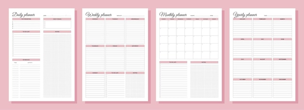 Planners set Daily weekly monthly yearly Blank white notebook page A4