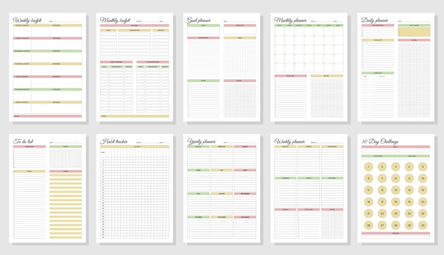 Vector planners set daily weekly monthly yearly habit tracker to do list goal monthly budjet weekly budjet