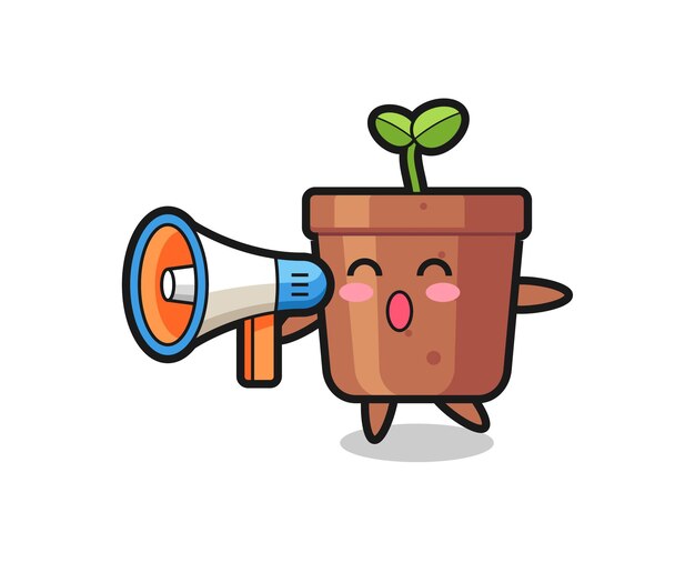 Vector plant pot character illustration holding a megaphone