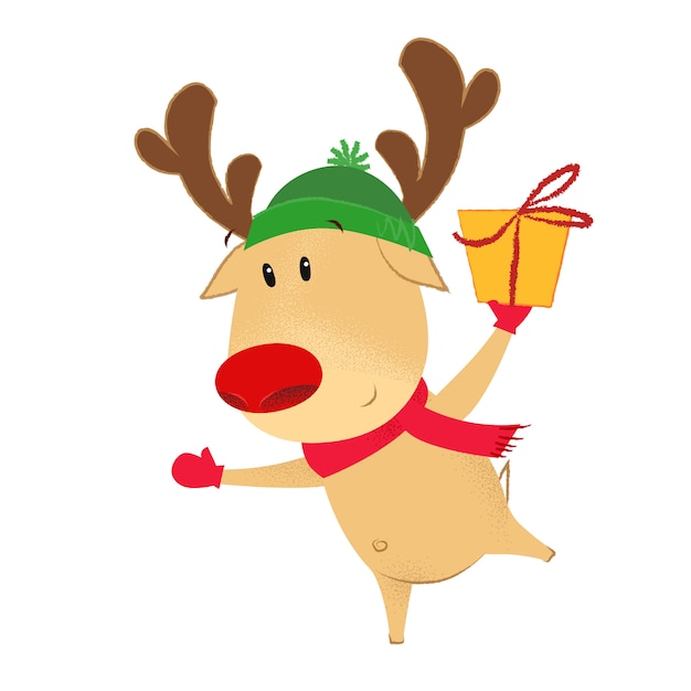 Playful cartoon deer carrying gift box