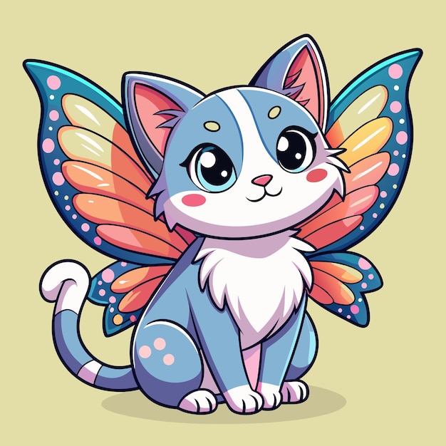 Playful Cat Fluttering Butterfly Wings Cartoon Drawing