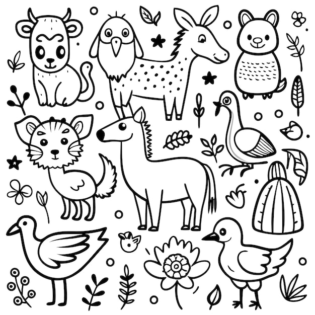 Vector a playful illustration featuring various animals and plants