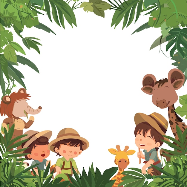 Vector playful illustration of a group of cartoon characters in a jungle setting