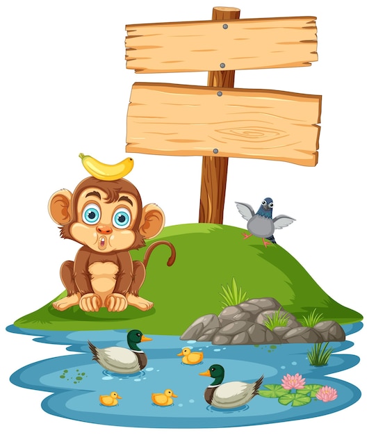 Playful Monkey at the Pond Signpost