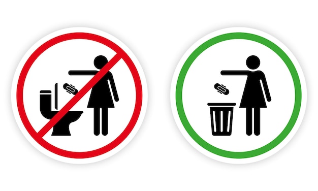 Please No Flush Litter in Toilet Sign. Allowed Throw Napkin, Paper, Pads, Towel in Waste Basket