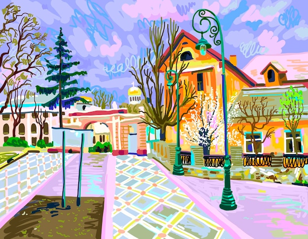 Plein air digital painting of rural landscape KamenetsPodolskiy city park in spring Ukraine