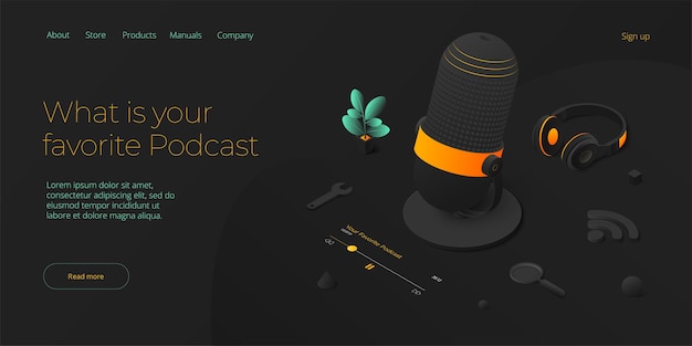 Podcast application concept in isometric vector illustration. Digital broadcasting or online streaming service via smartphone. Web banner layout template.