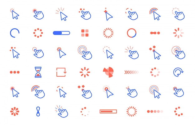 Pointer click icon. Web clicks pointer cursor, computer app interface static and dynamic loading cursors. Internet circle tools   set