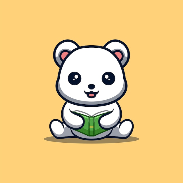 Polar Bear Sitting Reading Book Cute Creative Kawaii Cartoon Mascot Logo