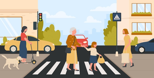 Vector polite kid with good manners holding granny hand to help cross city road at crosswalk