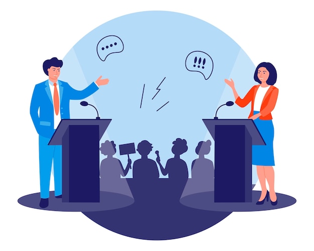 Vector political debates and discussions with candidates public speaking in front of an audience