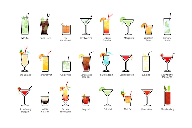 Popular alcoholic cocktails with titles, icons set in flat style on white background. Vector