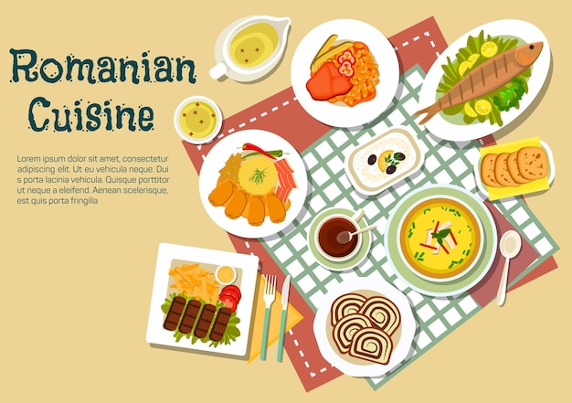 Vector popular festive dishes of romanian cuisine flat icon with grilled ground meat and fish