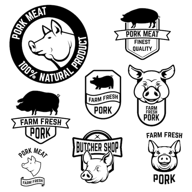 Pork meat labels Pig silhouettes and heads Design elements for logo label emblem sign