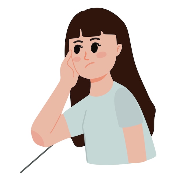 A portrait of daydreaming woman thinking with hand on cheek looking sad and confused illustration