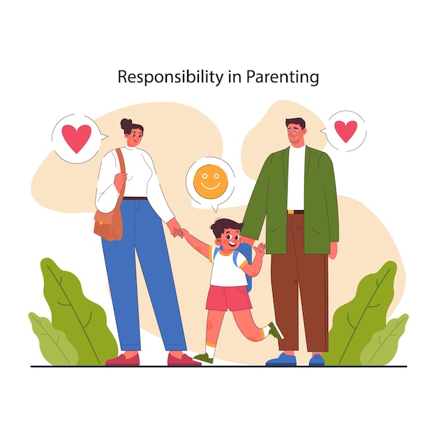 Vector positive parenting happy family mom dad and son nurturing of your childs responsibility kid learning