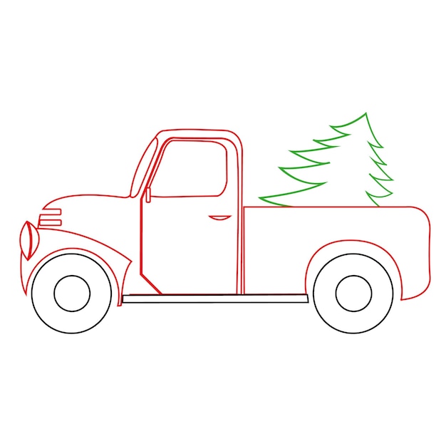 Postcard or poster of a retro pickup truck carries a Christmas tree. New Year Christmas