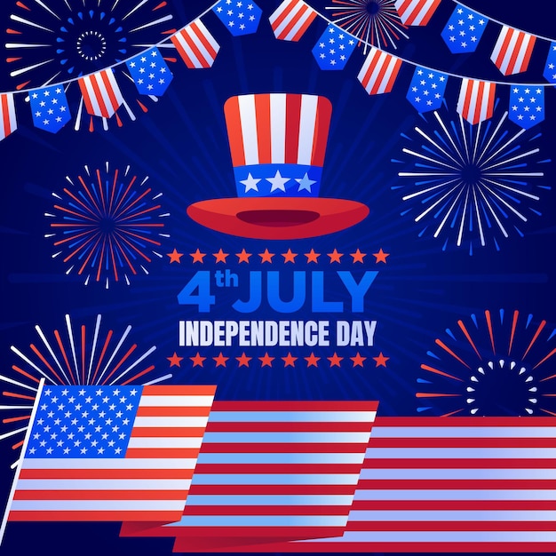 a poster for independence day with a red white and blue flag and a blue background