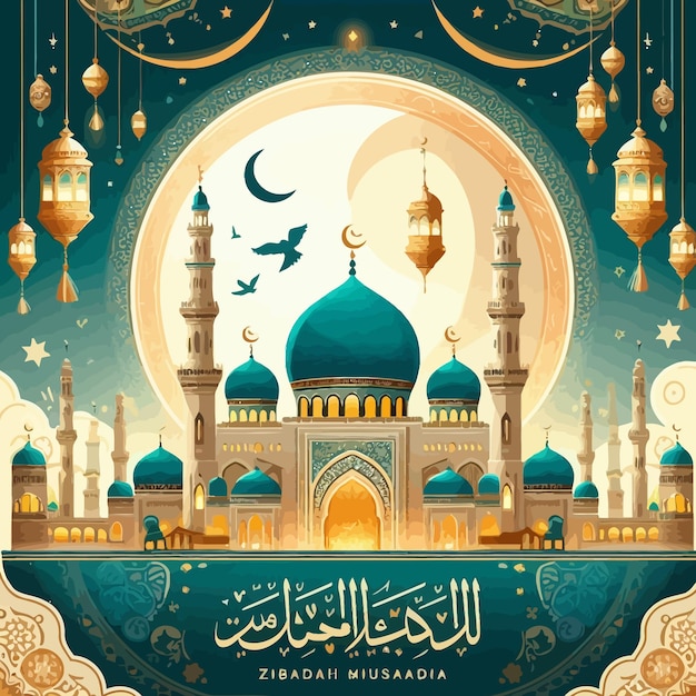 Vector a poster for the mosque of the mosque with a bird flying above it