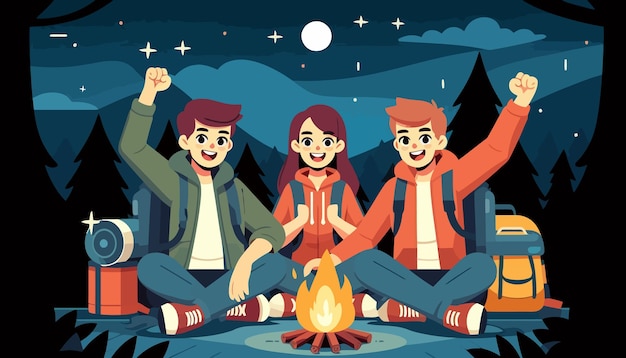 Vector a poster for a movie called the three people sitting around a campfire