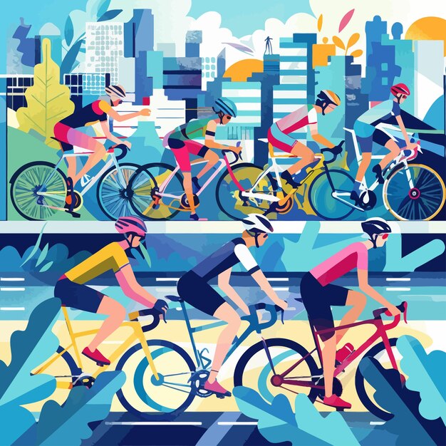 Vector a poster of people riding bikes with the city in the background