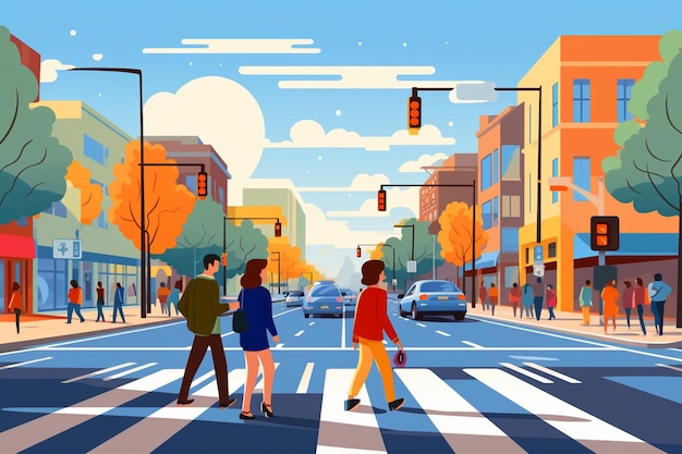 Vector poster of people at street crosswalk