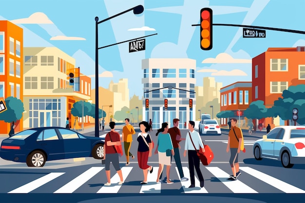 Vector poster of people at street crosswalk