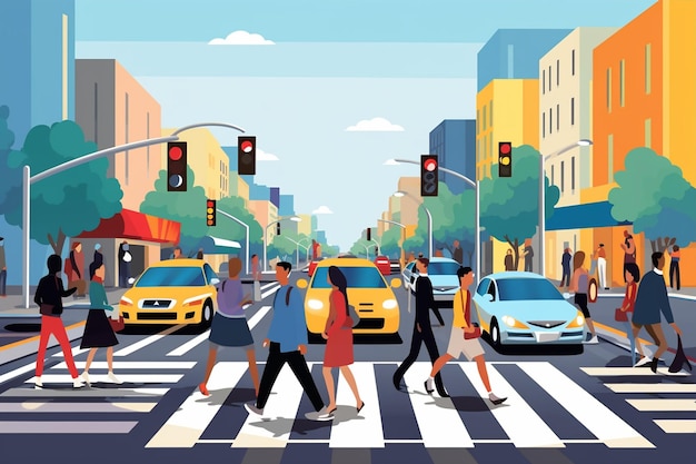 Vector poster of people at street crosswalk