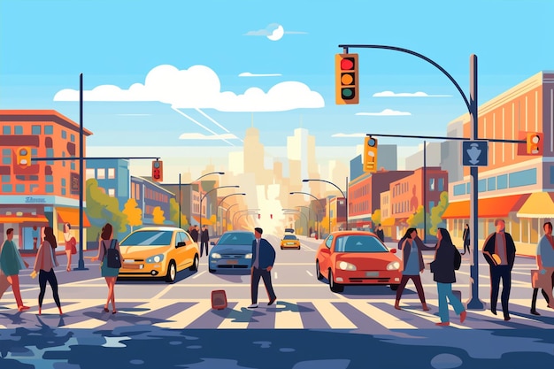 Vector poster of people at street crosswalk