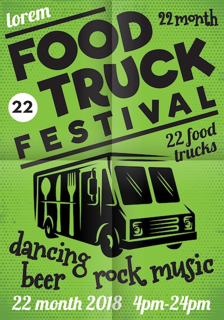 Vector poster for street festival of fast food with wagon on green background