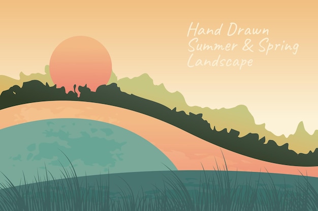 Vector a poster for a summer landscape with a sunset and a lake in the foreground