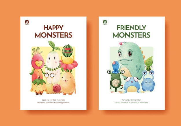 Poster template with monster concept design watercolor