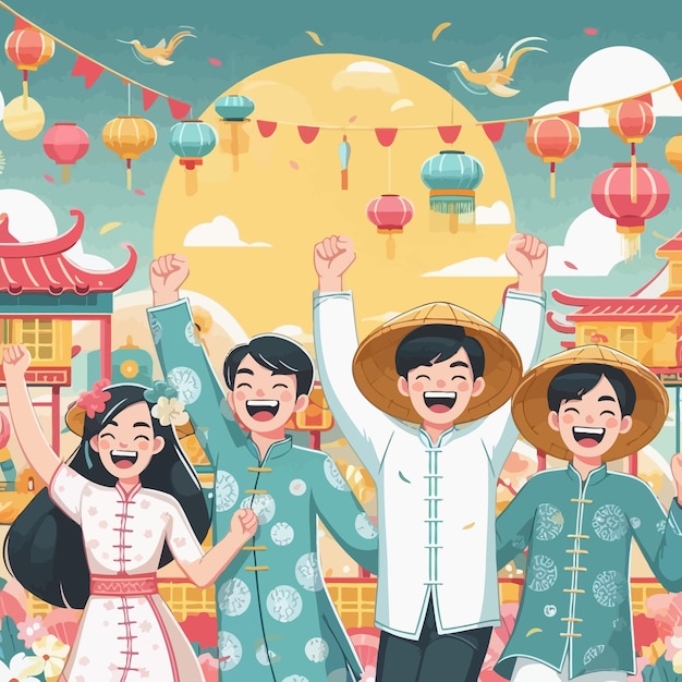 Vector a poster with a group of people celebrating a festival with chinese lanterns