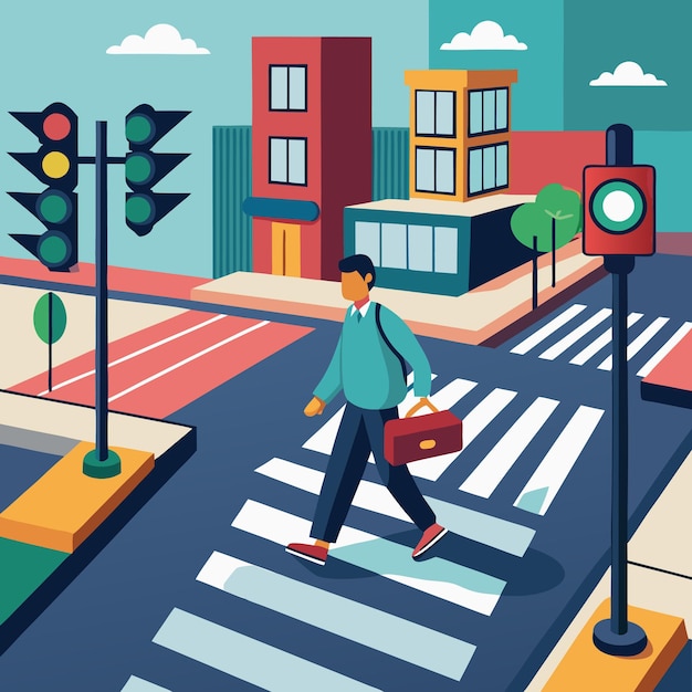 Vector a poster with a man crossing the street and a crosswalk