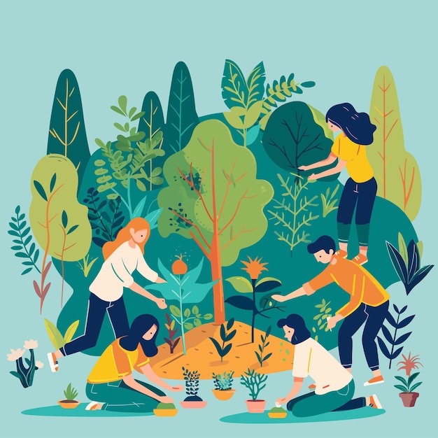 Vector a poster with people working in a garden with plants and trees