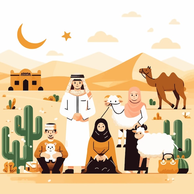 Vector a poster with a picture of a desert with a man and animals