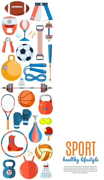 Vector poster with sport and gaming equipment vector illustration of healthy lifestyle tools and elements
