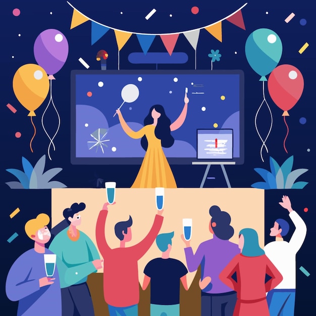 Vector a poster with a woman playing a video game and a woman in a dress with a party hat on