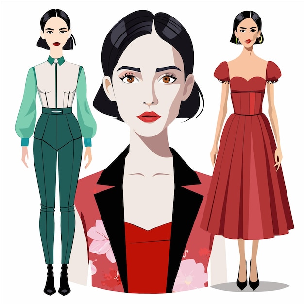 Vector a poster of a woman with a red dress and a green and white dress