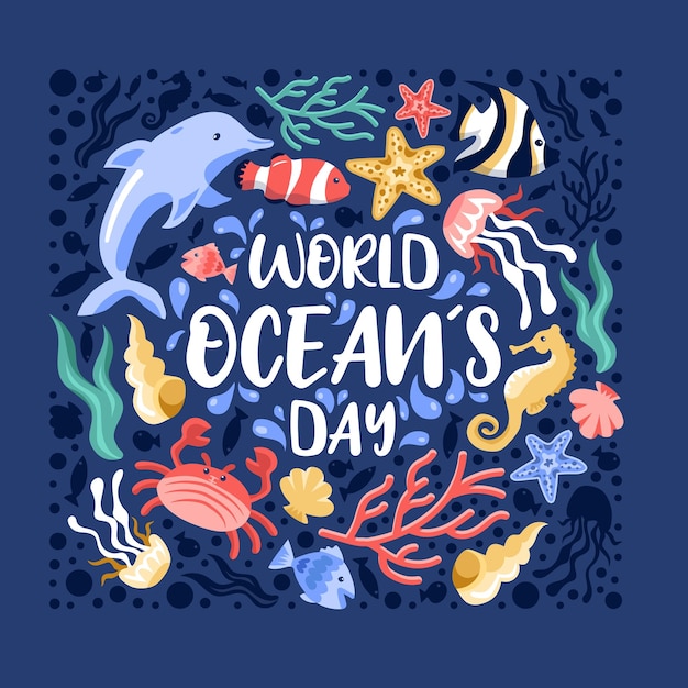 a poster for world oceans day with sea creatures and corals